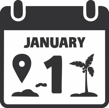 Calendar display of January 1 and location pin with palm tree symbolizing a tropical trip vector