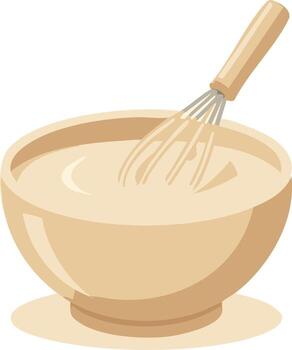 Bowl of batter being mixed with a whisk, culinary preparation in flat design vector