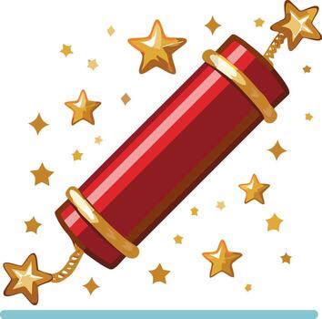 festivo rojo petardo con explotando oro estrellas vector