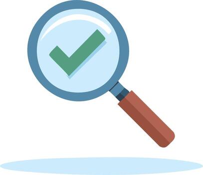 Magnifying glass with green checkmark for successful search and validation vector