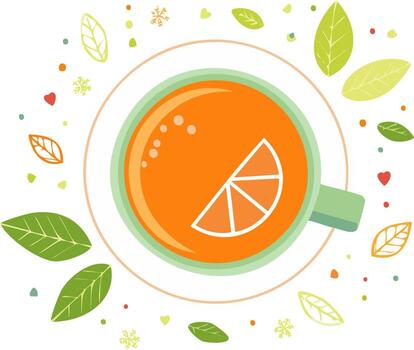 Overhead view of a refreshing orange tea in a cup garnished with a citrus slice and surrounded by decorative leaves and dots vector