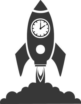 Rocket ship icon taking off with a clock face, representing time, deadlines and success, launch vector