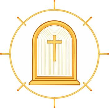 Golden Cross Symbol with Arched Lines Enclosed in a Sunburst Style Circle Design vector