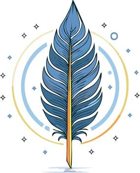 Stylized blue feather with colorful quill, ethereal glow, and sparkling elements vector