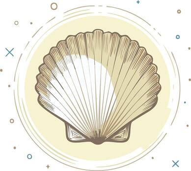 Elegant graphic of a seashell, a design element within a circular border and decorative embellishments vector