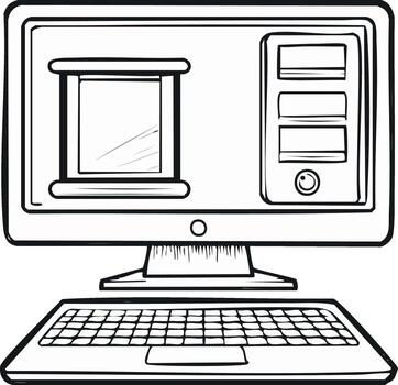 dibujos animados computadora con pantalla ventana interfaz y teclado, tecnología diseño vector