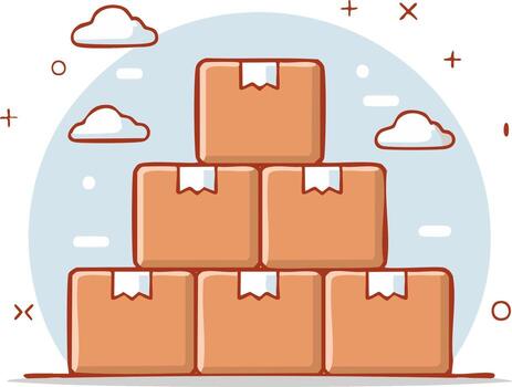 Stacked cardboard boxes ready for shipping, moving, and delivery with clouds and shapes surrounding vector