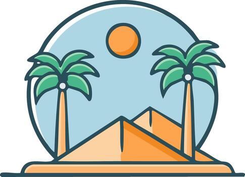 Exotic desert scene with ancient pyramids and palm trees under a sunny sky vector