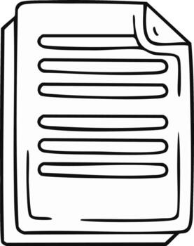 A simple hand drawn doodle illustration of a paper document with a curled corner and text lines vector