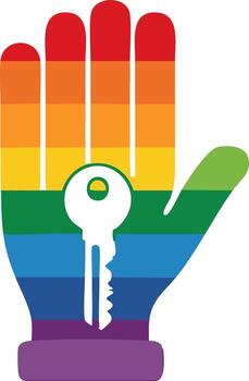 LGBTQIA pride hand with key symbol representing freedom access and equality for all vector
