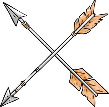 Two crossed traditional arrows with sharp metal points and feathered fletching vector