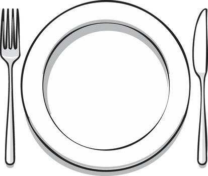 Simple black and white line art of a dinner place setting with an empty plate fork and knife vector
