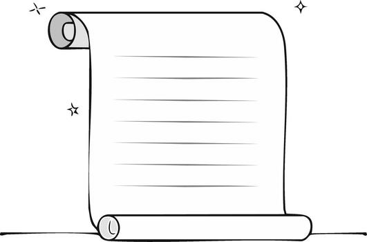 abierto Desplazarse documento con horizontal líneas y espumoso estrellas, dibujado a mano estilo vector