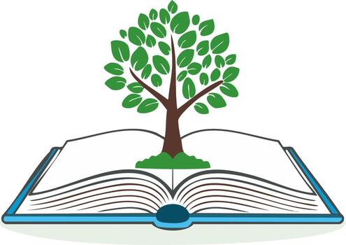 verde árbol de conocimiento y sabiduría creciente desde un abierto libro ilustración vector