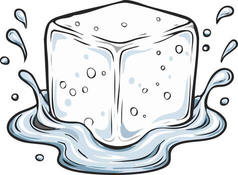 Clean illustration of a transparent ice cube splashing into cool, clear water, symbolizing refreshment and purity vector