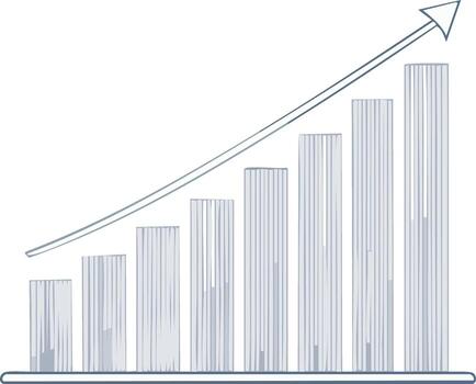 Upward arrow graphic showing progress and growth with bar graph columns and design vector