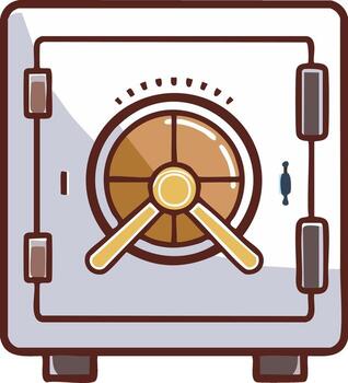 Stylized metal safe with combination lock dial and thick outlined frame for secure storage of valuables in simplified icon style vector