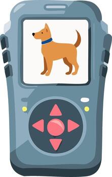 dibujos animados perro desplegado en un retro Mano dispositivo pantalla con direccional botones vector