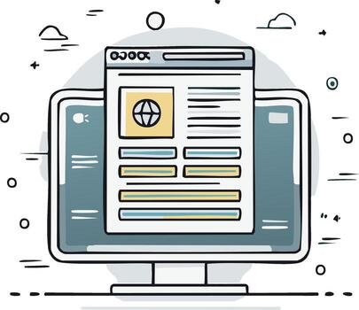 dibujos animados estilo escritorio computadora demostración un web página ilustración concepto para en línea información vector