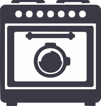 Stylized icon of a dark gray stove with four burner elements on top and an oven window displaying a heating element vector
