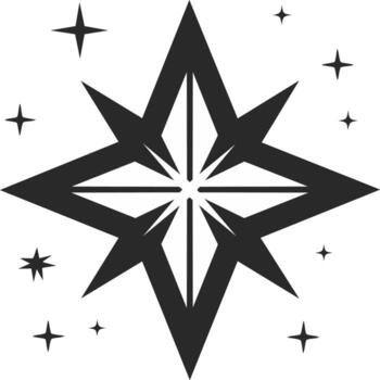Stylized multi pointed star icon with surrounding sparkling celestial elements vector