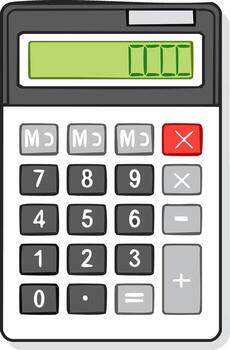 Simple calculator with digital display showing zeroes and numerical keypad vector