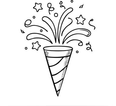 mano dibujado bosquejo de un fiesta corchete explotando con estrellas y papel picado para celebraciones vector