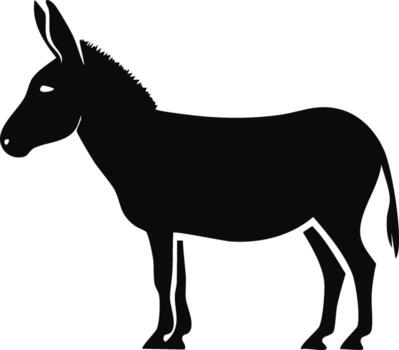 Single black donkey silhouette stands facing left with detailed mane against a stark white background for simple graphic design vector