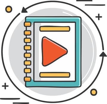 animado producción diagrama de flujo con cuaderno y jugar botón icono vector