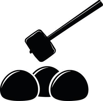 Sledgehammer poised to strike rounded objects representing a concept of destruction or impact vector