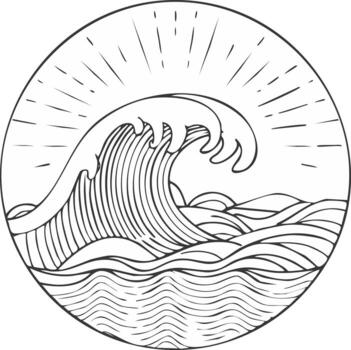 Ocean wave emblem with sunburst in a circle design vector