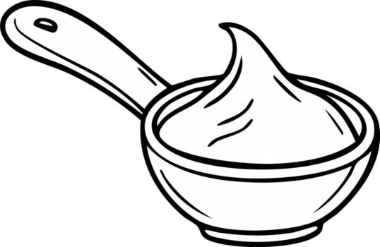 Creamy whipped topping in a serving bowl with a handle, simple line art vector