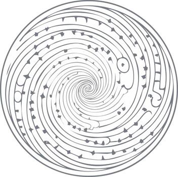 Abstract line art of a spiral design with tribal elements, concentric circles and geometric shapes forming a vortex vector