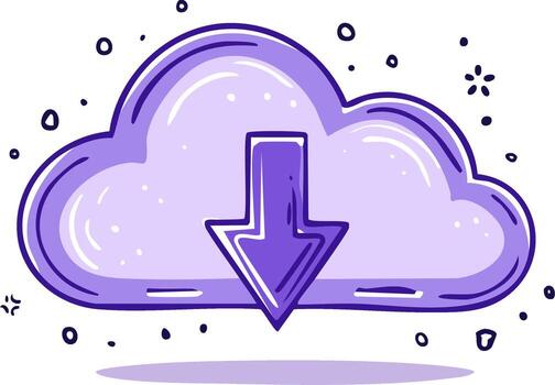 Illustration of a cloud with a downward pointing arrow representing download or upload vector