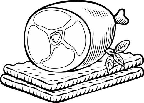 Cured ham or sausage on crackers with basil garnish in a black and white engraved line art style vector