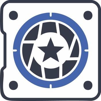 Computer cooling fan icon with a star symbol inside a camera aperture graphic vector