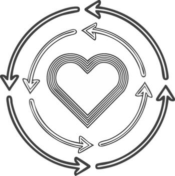 Monochrome line art heart icon surrounded by circular arrows illustrating continuous flow cycle and care process vector