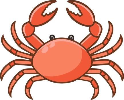 Simple and happy red crab icon with large claws raised up vector
