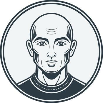 Bald man headshot graphic illustration in a circular frame with strong features and confident expression vector