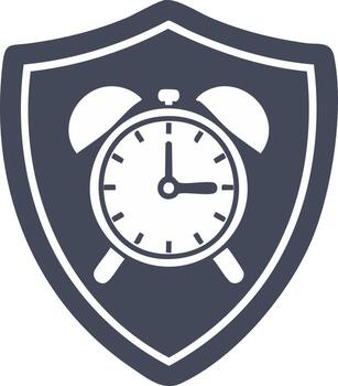 Alarm clock inside a shield logo icon, representing concepts of security and time vector