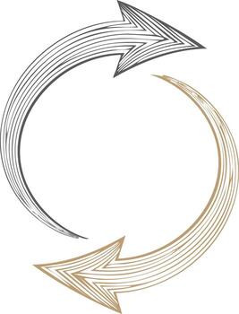 dos opuesto arremolinándose flechas en gris y bronceado con bosquejado líneas indicando movimiento y ciclos vector