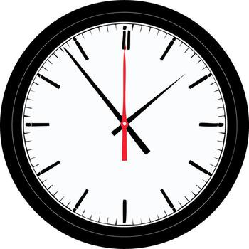 Clock Face Showing Time with Black and Red Hands Minutes Hours Seconds Ticking Movement vector