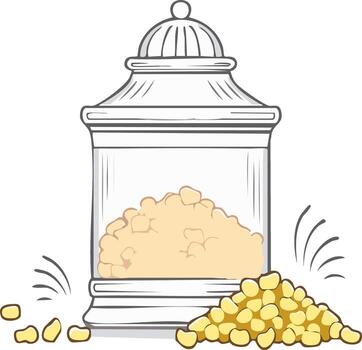 Glass Jar Filled with Popcorn Kernels and Scattered Kernels Beside vector