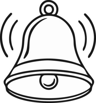 Ringing bell drawing in simple black line style showing sound waves, notification icon, alarm sign vector