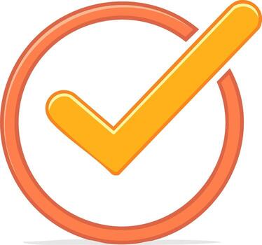 Bright orange check mark inside a circle icon symbolizing approval correct selection and completion vector