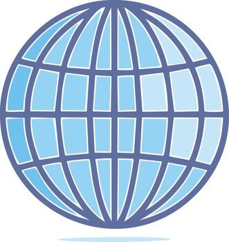Stylized blue globe illustration with latitude and longitude lines representing global connection and communication vector