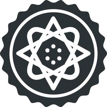 Abstract science logo icon featuring an atom and a star within a circular badge vector