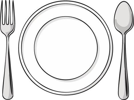 illustration of a dinner table place setting with an empty plate, fork, and spoon vector