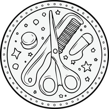 Black and White Line Art of Beauty and Barber Tools Scissors Comb and Nail File in Round Frame vector