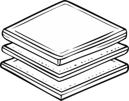 Simple black and white line drawing depicting three stacked square cracker biscuits or waffle layers vector